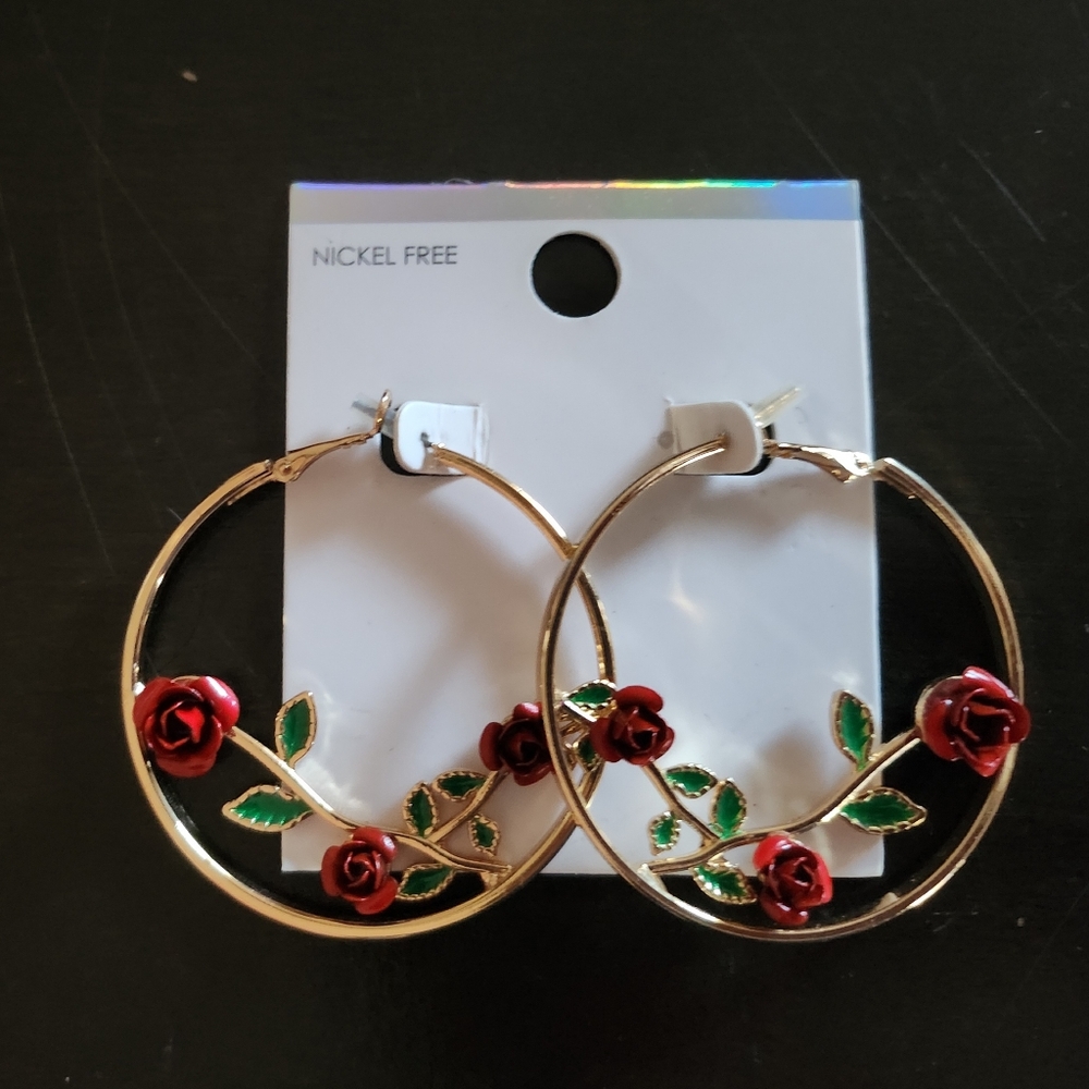 🪻Cutout Red or Black Rose Hoop Earrings - NWOT